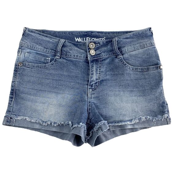 Wallflower Womens 9 Curvy Fit Distressed Denim Shorts Frayed Stretch Bling Boho - Picture 2 of 14